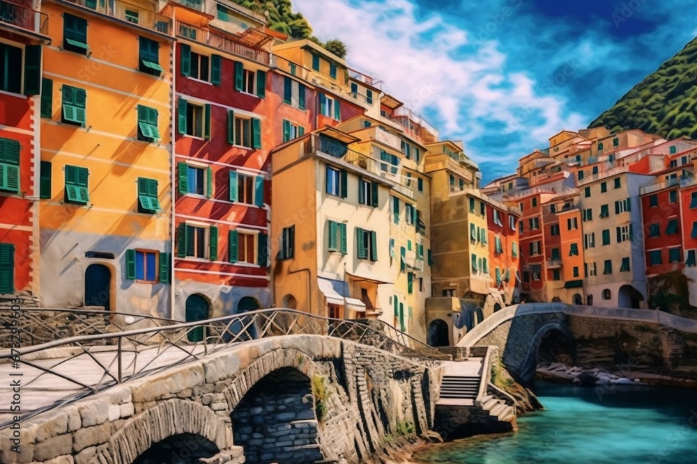 Vibrant art piece influenced by picturesque Cinque Terre, Italy. Generative AI