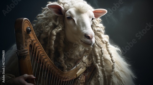 3D ironic bizarre portrait, Musician sheep, Lyre, Playing, Animal, Divine. LYRE-PLAYING SHEEP (FROM THE OLYMPUS OF THE ANIMAL GODS). A superhuman sheep musician with his divine instrument, the lyre. photo