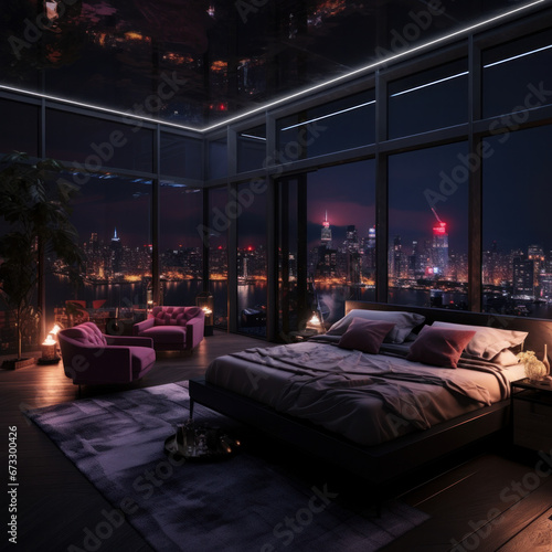 penthouse bedroom at night, dark gloomy, A room with a view of the city from the bed. ai generative