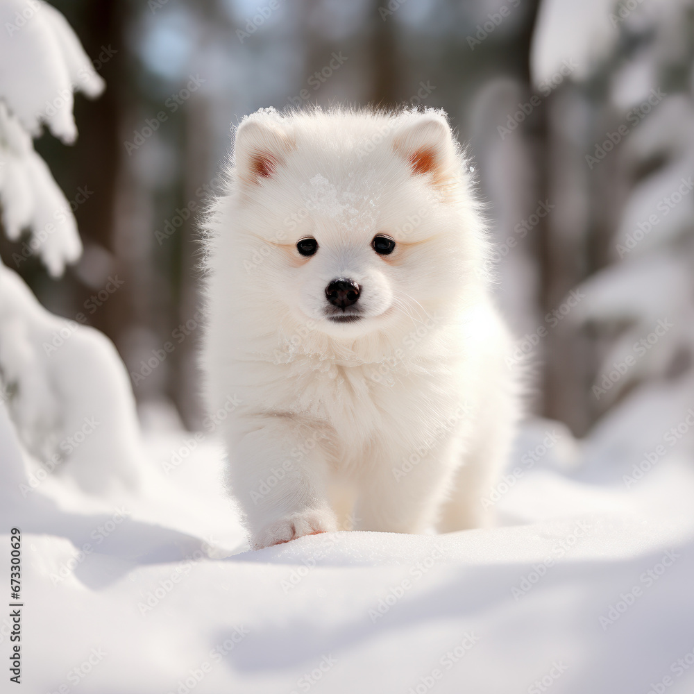 photo of a cute tiny little samoyed puppy in the snow.ai generative