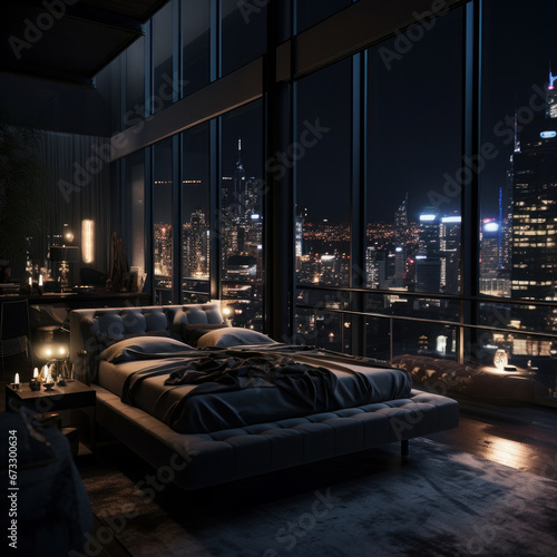 penthouse bedroom at night, dark gloomy, A room with a view of the city from the bed. ai generative