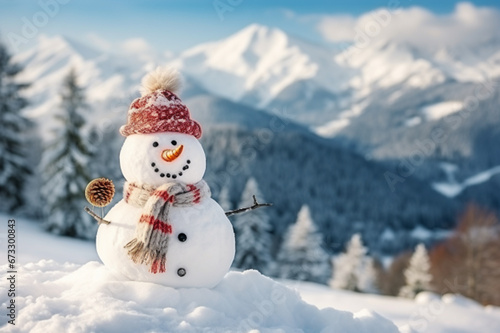 Smiling snowman in winter outdoor, wearing a hat and scarf,  forest background professional photography. Generative Ai © Visual