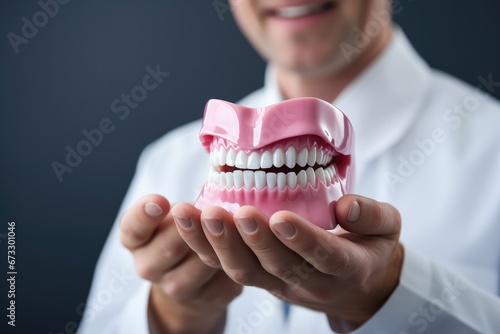 Male dentist holding tooth model.