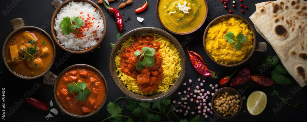 Assorted various Indian food on a dark rustic background Assorted various Indian food on a dark rustic background