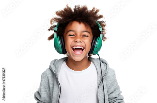 Cute happy kid deriving pleasure from beats and rhythm through headphones, cut out photo