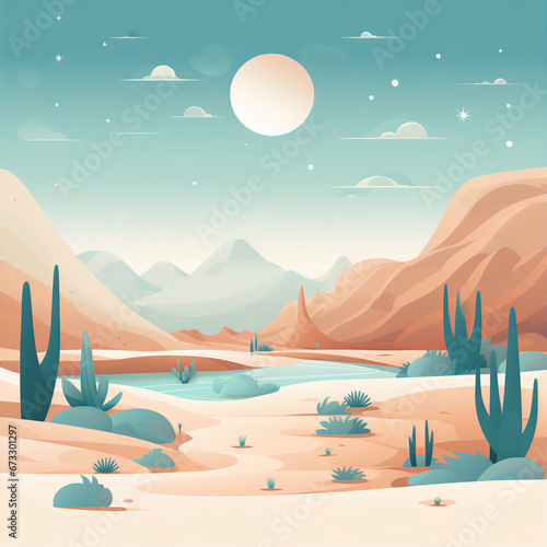 Serene Desert Illustration with Gentle Blues and Greens