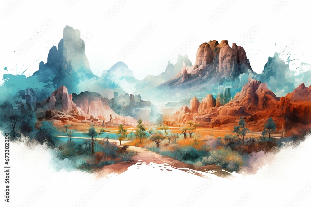Artistic watercolour representation of beautiful national parks. Generative AI
