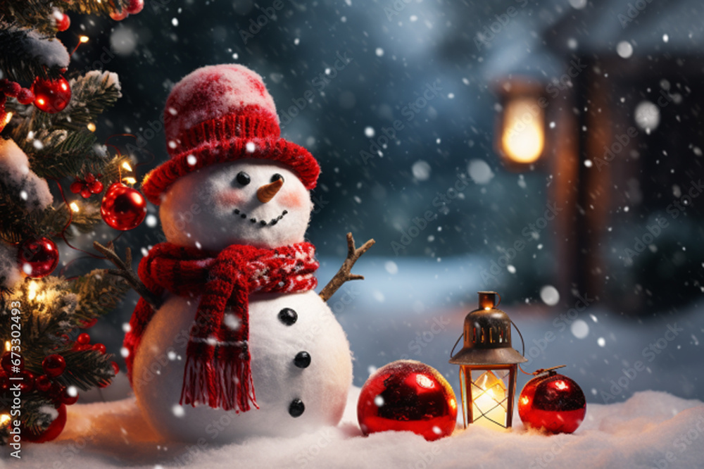Smiling snowman in winter outdoor, wearing a hat and scarf, forest background professional photography. Generative Ai Smiling snowman in winter outdoor, wearing a hat and scarf, forest background professional photography. Generative Ai