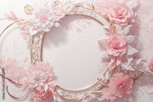 Background for party, birthday, wedding or graduation invitation in white color with floral frame with colorful decorations in soft art style. Generative Ai. photo