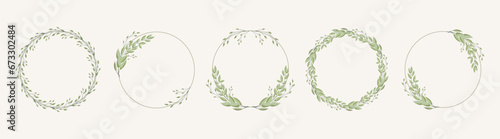 Set of round frames, wreaths with delicate branches of laurel leaves, eucalyptus leaves. Templates for cards and invitations Vector
