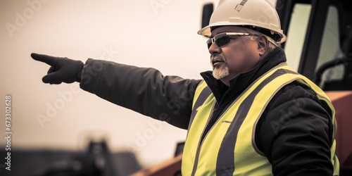 A construction banksman skillfully directs heavy machinery using precise hand signals, orchestrating the complex movements of equipment on a construction site with expertise and precision.engineer photo
