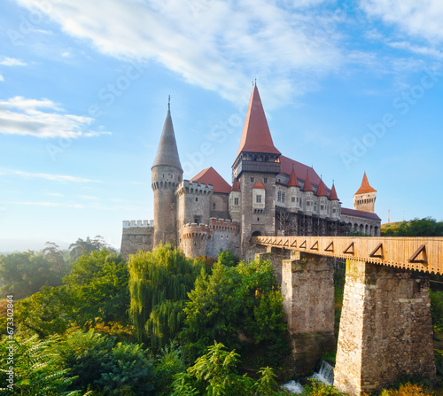 Corvin Castle summer morning view (Hunedoara, Transylvania, Romania). Was laid out in 1446