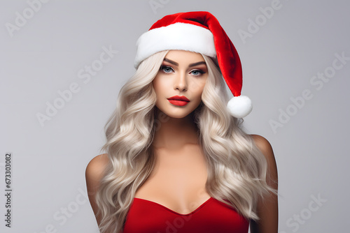 Beautiful and sexy woman wearing Santa hat. Portrait of beauty Christmas fashion model girl on isolated studio background.