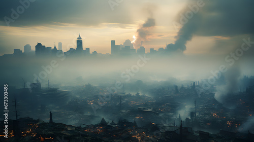 A cityscape shrouded in a thick layer of smog, highlighting the detrimental effects of pollution on air quality and the health of urban populations.