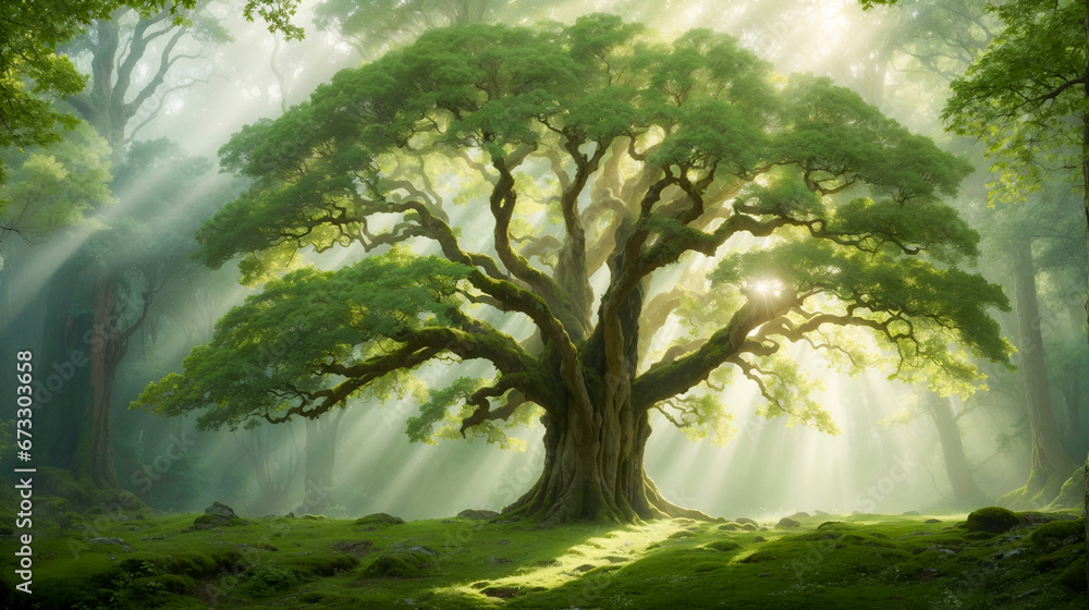 Enchanted Forest Landscape: Towering Ancient Trees, Meticulous Fantasy Art, Lush Green Leaves, and Sunlit Tranquility Enchanted Forest Landscape: Towering Ancient Trees, Meticulous Fantasy Art, Lush Green Leaves, and Sunlit Tranquility