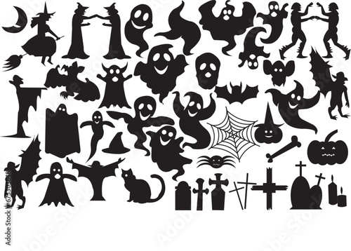 Fototapeta Naklejka Na Ścianę i Meble -  Set of silhouettes of Halloween on a white background. Vector illustration