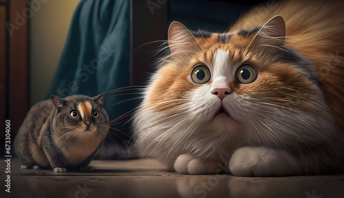 a cat laying on the floor with a hamster behind it looking at the camera with a surprised look on its face