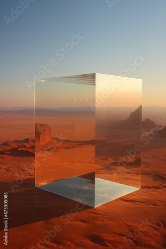 Conceptualized reflective cubes in the desert