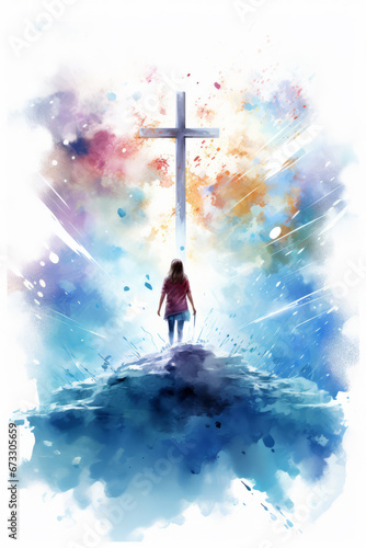 watercolor illustration. a young man sees the cross of Jesus Christ in the sky. © Mrs__DoubleF