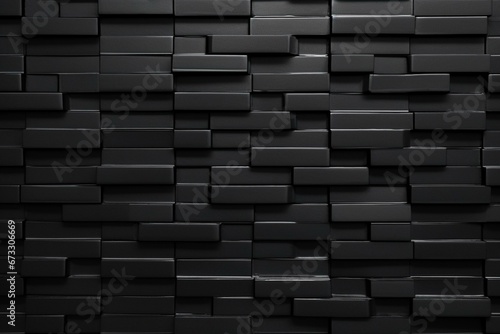 Wall made of polished, semigloss mosaic tiles in a rectangular, black, stacked brick pattern. Rendered in 3D. Generative AI