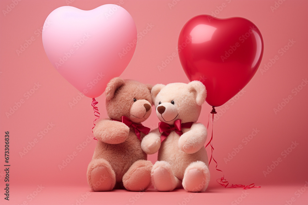 Cute teddy bears holding red heart ball on pink background Cute teddy bears holding red heart ball on pink background