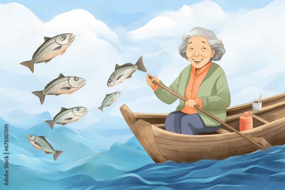 Senior smiling korean woman in the boat, illustration