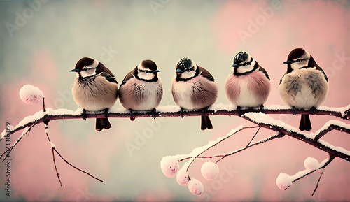 a group of birds sitting on a branch together in a row on a snowy day with a pink background
