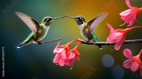 Two hummingbird bird with pink flower © Areesha