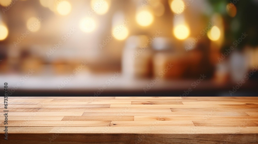 Wood table top on blur kitchen room background cooking concept 