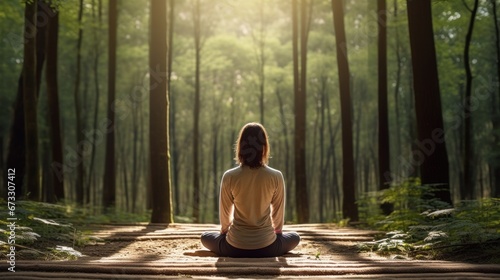 woman relaxingly practicing meditation yoga in the forest