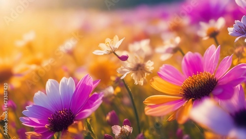 Fototapeta Naklejka Na Ścianę i Meble -  Flower field in sunlight, spring or summer garden background in close-up. Flower meadow field