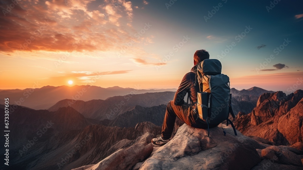 Hiker with backpack relaxing on top of a mountain