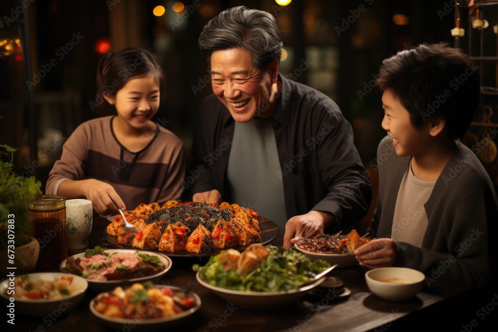 Multi generational asian family chatting while having dinner at home