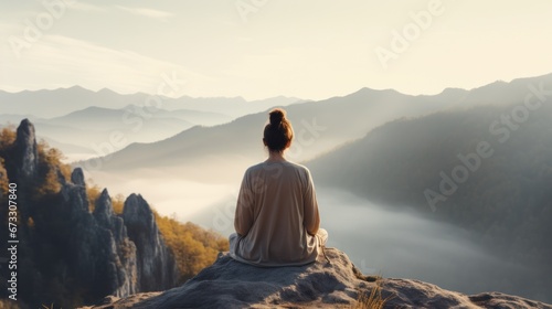 back view of woman in hoodie is relaxingly practicing meditation yoga at top of mountain