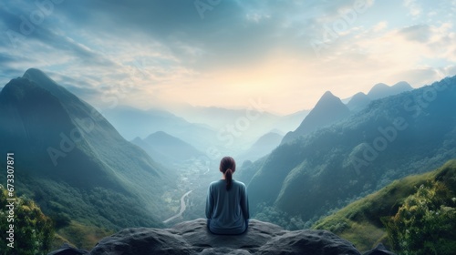 back view of woman in hoodie is relaxingly practicing meditation yoga at top of mountain photo