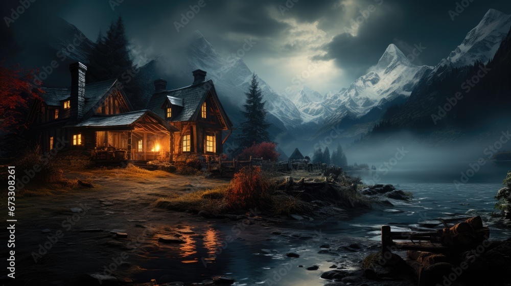 An inviting wooden lodge illuminated at twilight beside a serene mountain lake, reflecting a peaceful ambiance. An inviting wooden lodge illuminated at twilight beside a serene mountain lake, reflecting a peaceful ambiance.