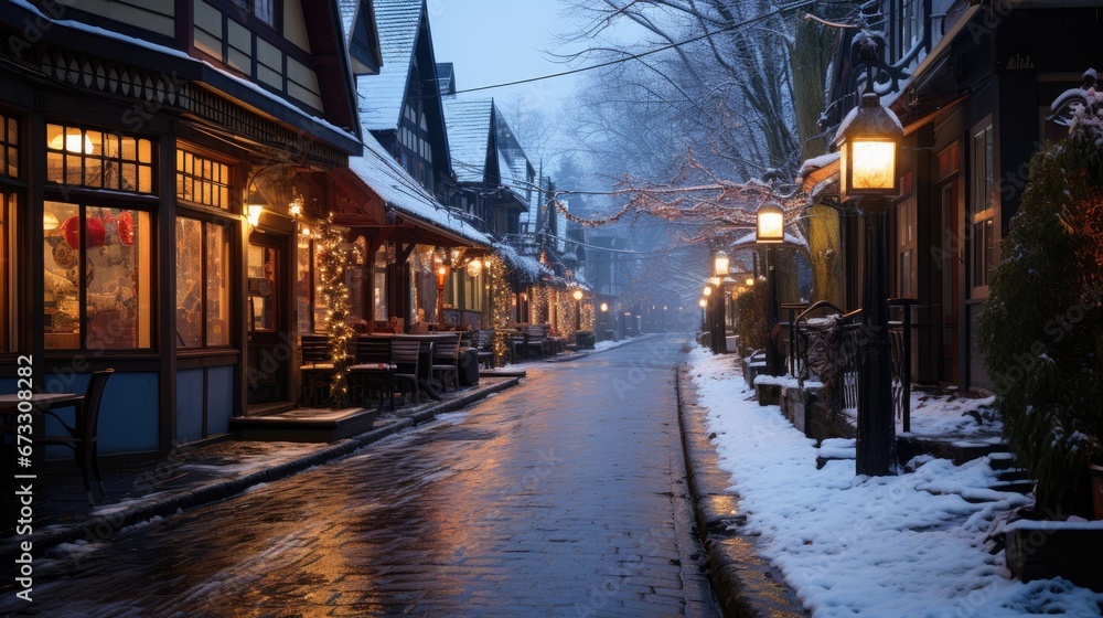 A serene winter evening scene in a quaint village, showcasing warmly lit storefronts and a snow-covered street with festive decorations.