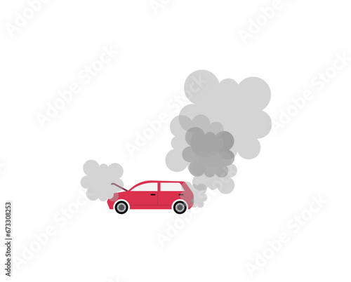 Red car breakdown emitting smoke with the hood open. Flat style colorful vector illustration isolated on white background.