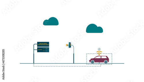 Traffic lights and signs connected via wifi frequency. Connected car, vehicle. Flat style colorful vector illustration isolated on white background.