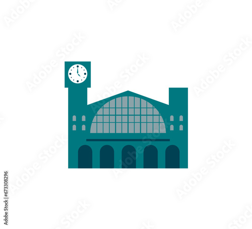 Central bus, train station entrance facade icon, symbol with big windows a big clock on the top of a tower. Basic geometric vector illustration isolated on white background.