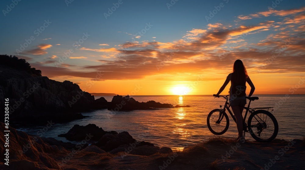 Silhouette of Young lady standing with bicycle on a sea coast and enjoying sunset
