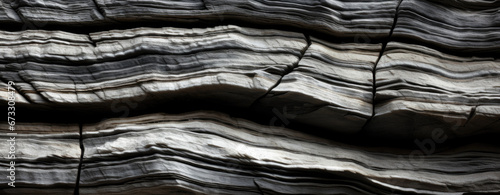Wavy grey white layers of slate and sandstone rock formation cliff - detailed rough grunge texture and surface patterns with cracks and weather erosion edges. photo