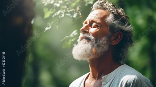 Smart handsome old man breathe's side, eyes closed, breathing fresh air in a green forest, copy space photo
