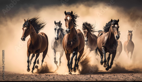a group of horses running in the desert with dust behind them and a sky background with clouds and dust
