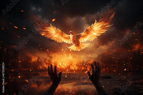 bird of peace flying in flames photo