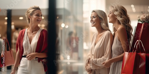 Beautiful young girls freely walk around the mega mall on the days of big sales. The concept of Black Friday. Generated by AI. photo