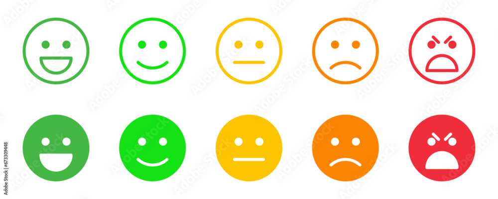 Feedback emotions icon. Happiness, smile, frustration, discontent, angry emoji symbols. Smileys colorful icons set. Vector stock illustration. - obrazy, fototapety, plakaty 