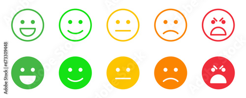 Feedback emotions icon. Happiness, smile, frustration, discontent, angry emoji symbols. Smileys colorful icons set. Vector stock illustration.