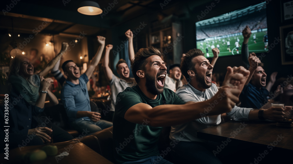 Fototapeta premium Passionate fans watching football in the bar