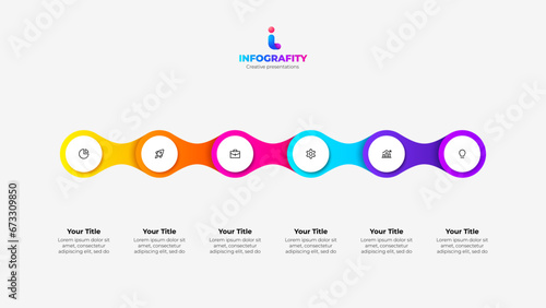 Horizontal progress diagram with six circles. Concept of 6 steps of business timeline. Creative infographic design template